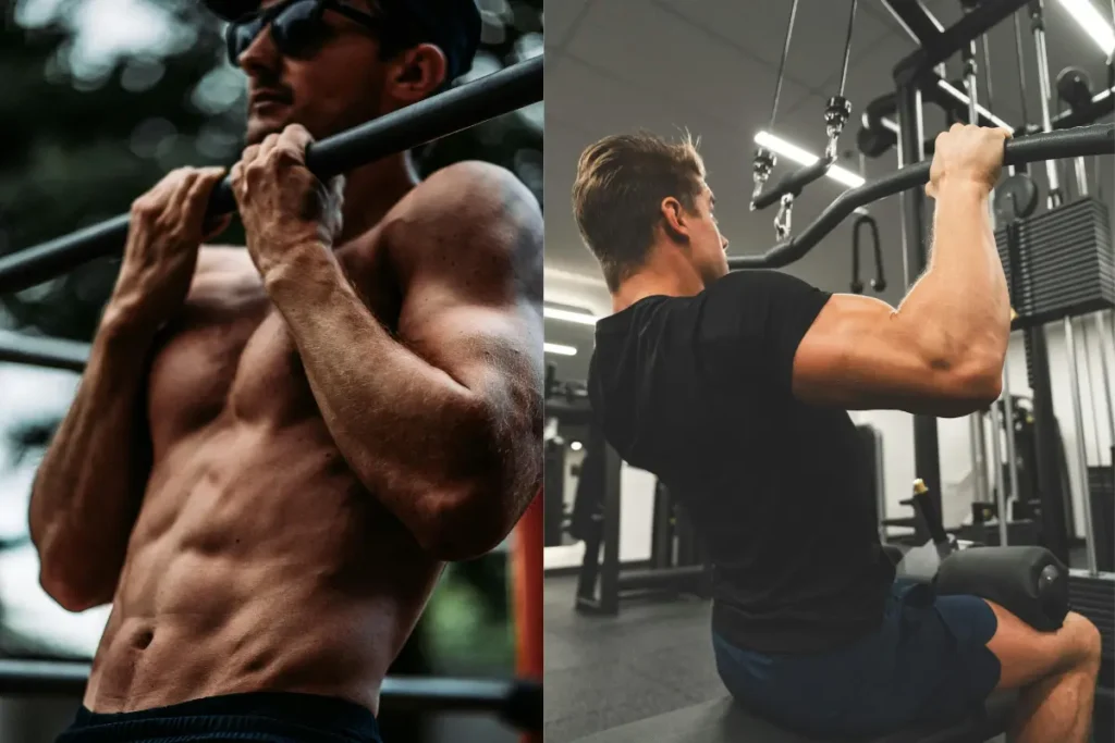 Dois homens treinando: um faz barra fixa supinada e o outro faz pulley frontal, mostrando o contraste das duas modalidades