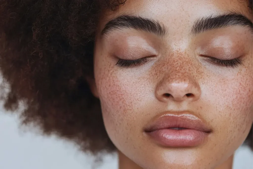 Close no rosto de uma pessoa com pele natural, sardas e lábios hidratados, olhos fechados e expressão tranquila.