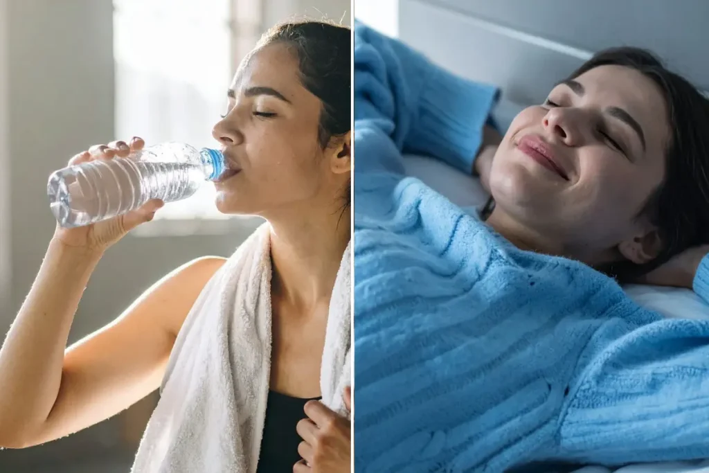 Mulher bebendo água após atividade física e outra mulher relaxando na cama com expressão calma.